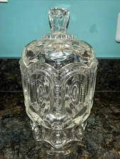 Vintage L.E. Smith Moon & Stars Clear Glass 8" Covered Pedestal Candy Dish MCM