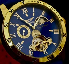 Minoir Automatik Herren Armbanduhr Modern mechanisch Glasboden Blau Gold Farben