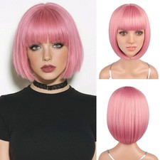 12 Inch Short Pink Bob Wig with Bangs for Halloween Daily Cosplay  Party Use...