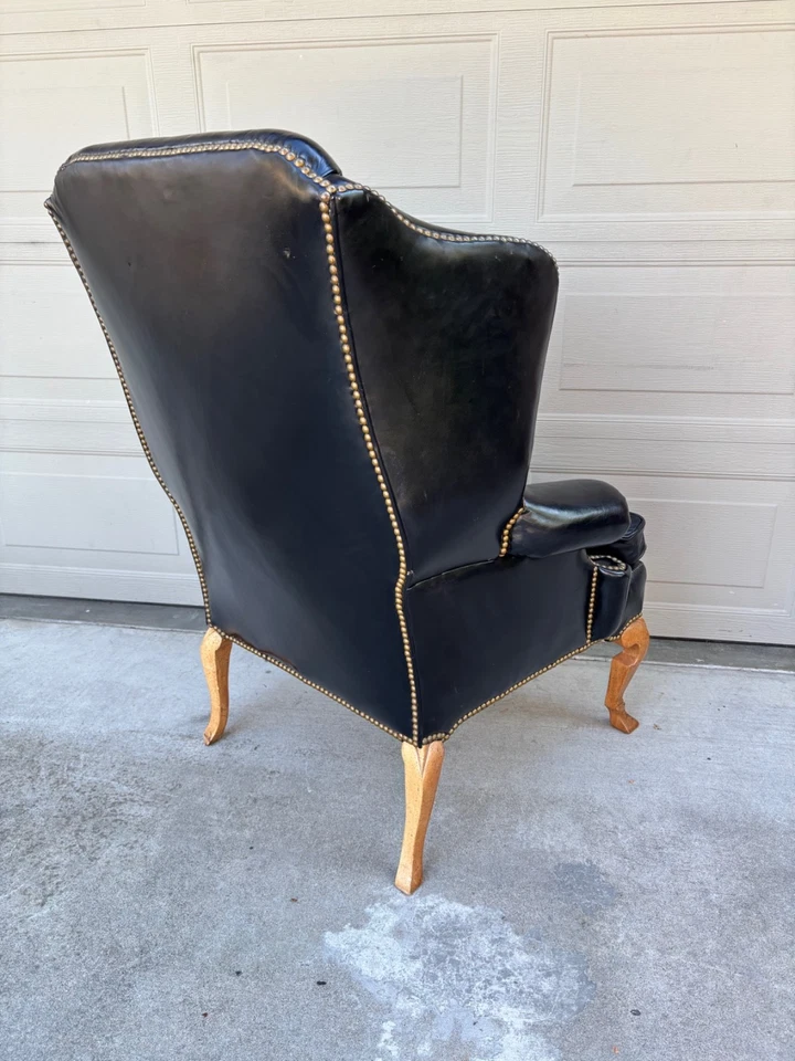 Vintage antique leather nailhead brass wing back chair library Baker Hancock era - Image 4 of 4