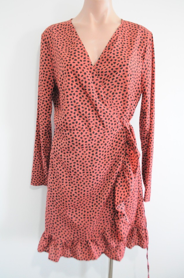 Missguided Wrap Dress Womens 14 Red Orange Black Animal Print Long Sleeve