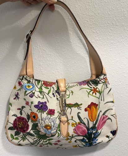 Gucci Jackie Shoulder Bag In Floral Print Canvas Leather Women Bag Authentic