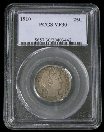 1910-P VF-30 BETTER DATE BARBER (25c) QUARTER - PCGS GRADED - SEE PICTURES