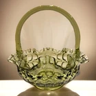 VTG 60s Fenton Thumbprint Glass Basket Colonial Olive Green Glass Art  8” High