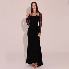 Luxury Women's Long Sleeve Evening Dress Black Mermaid Crystal Lace Ball Gown