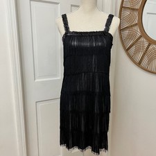 Flapper Fringe Dress Sz M 6-8 Roaring 20s Black 1920s Gatsby Sequin Party Deco
