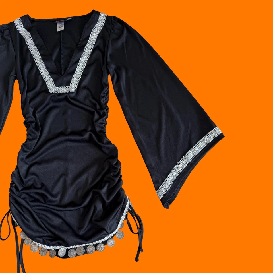 00's 复古黑色波西米亚喇叭袖 y2k 迷你礼服服装 小号 梦幻女孩 — 第 3/4 张图片