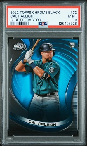 2022 TOPPS CHROME BLACK BLUE REFRACTOR #32 CAL RALEIGH ROOKIE RC 75/75 PSA 9