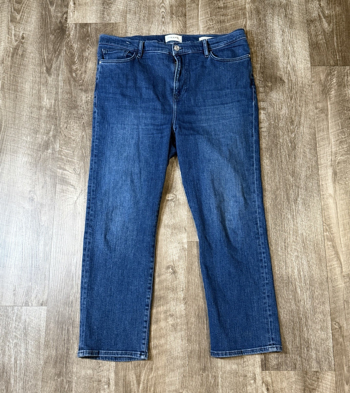 FRAME Denim Le High Straight Jeans Women’s Size 32 Dark Wash Raw Hem Whitway