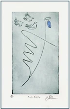 BLUE ANGEL & DOVES Watercolor ORIGINAL EXPRESSIONIST ETCHING Hand Colored Signed