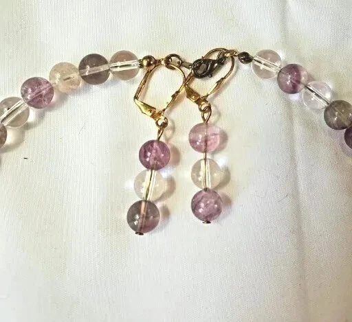  Conjunto de collar y pendientes de fluorita arco iris cuentas redondas púrpura rosa  Foto 3 de 4