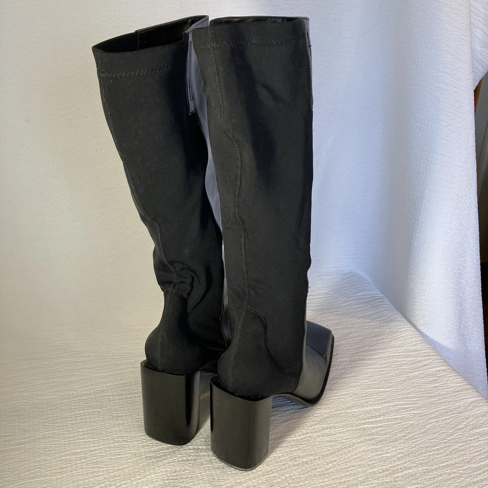 Diba USA Sz 9 Stretch Back Black Leather Boots 3 in Square Toe Made in Brazil - Image 2 of 4