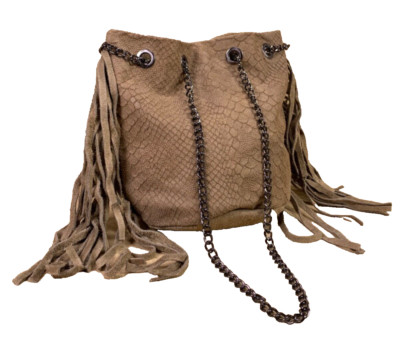 Tasche Velours Leder braun Krokolook Bucket Bag Beutel Fransen Kettenhenkel B180