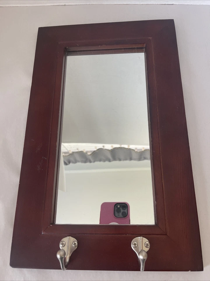 Dublin Pub Mirror Walnut Entry Accent Metal Hooks 15.5 x 9.75” Vintage - Image 2 of 4