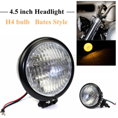 Black Vintage Bates Style 4-1/2'' H4 Headlight For Harley Custom Chopper Custom