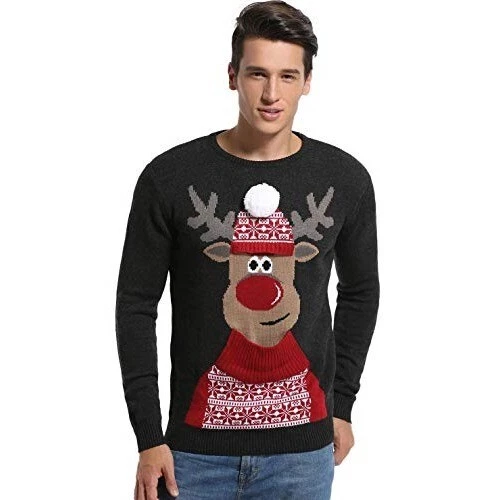 Men's Holiday Sweater Size XL Black Ugly Sweater Design Reindeer with Hat