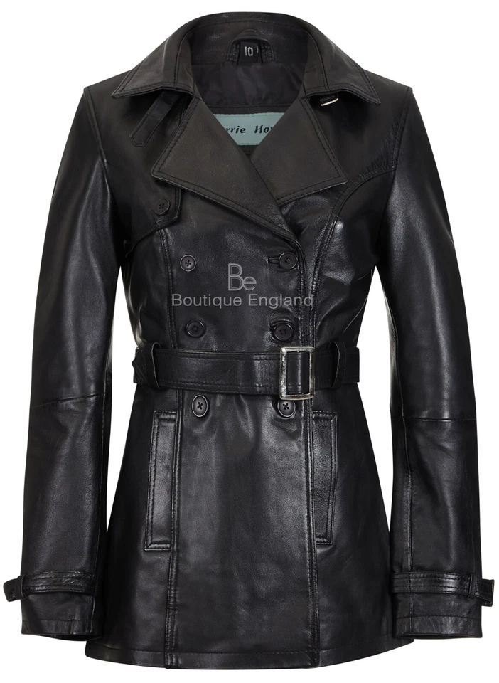 Trench Ladies Black Classic Mid-Length Designer Real Leather Jacket Coat 1123 - Image 2 of 4
