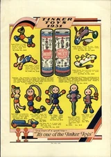 1931 PAPER AD COLOR Tinker Toys Dated Tom Belle Gym Puppy Bunny Mule Derby ++