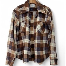 Rare Label Vintage JC Penny 60's-70's L Men's Button Up Flannel Plaid Shirt Down