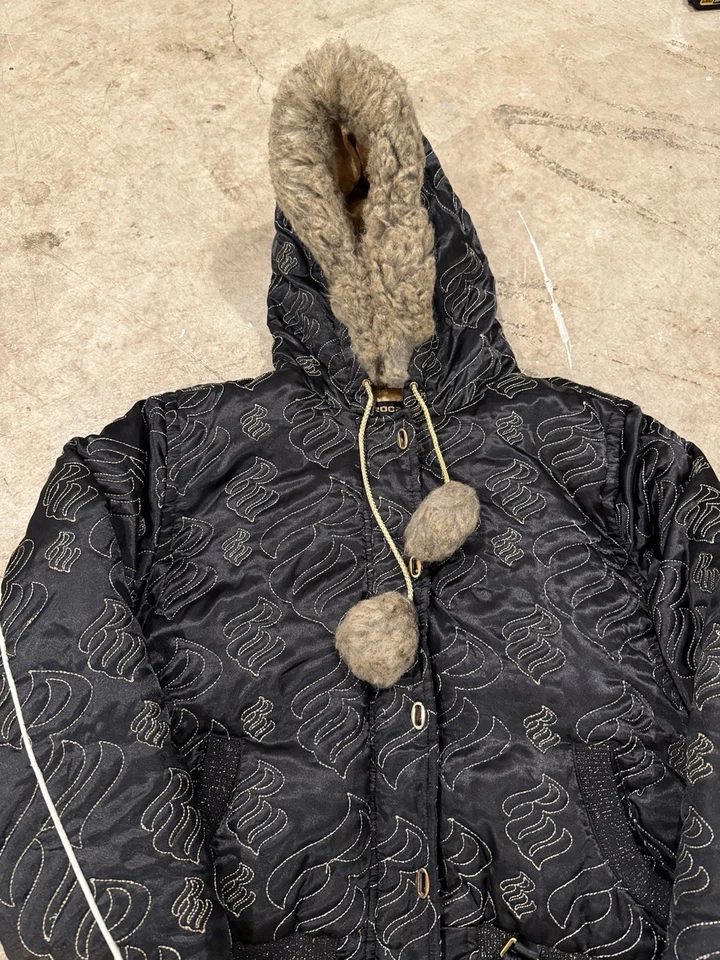 Rocawear Womens Size XL Down Jacket Y2K Logo Embroidered Cropped Hooded Fur - Image 3 of 4