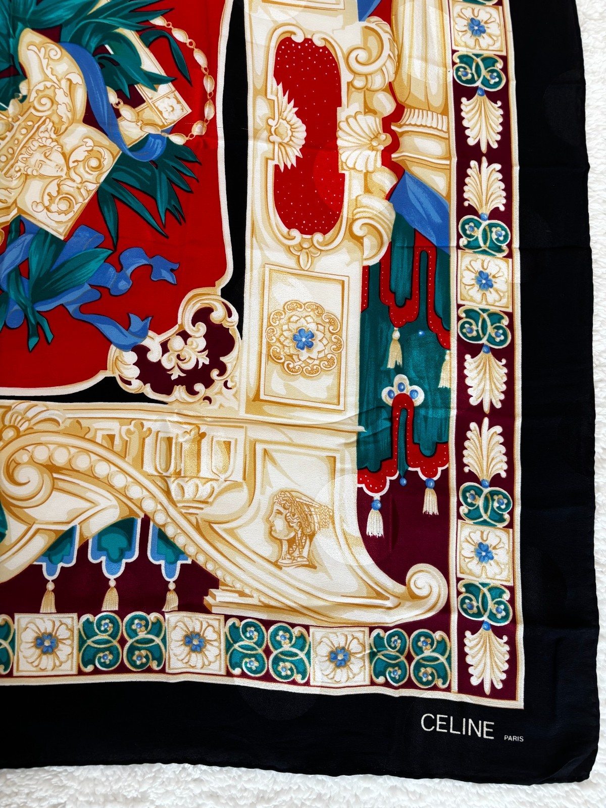 Celine Vintage Black Silk Scarf Ancient Theater Lyre Pattern Large Square image 5