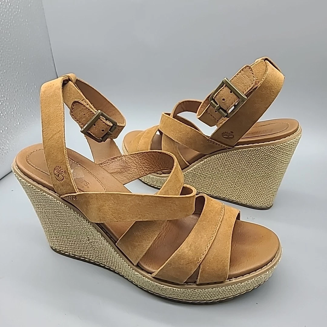 Timberland Earthkeepers Danforth sandali con zeppa avvolti in tela pelle marrone chiaro taglia 7 M