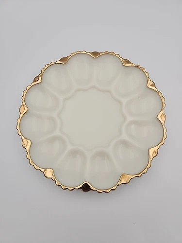 Vintage Anchor Hocking Milk Glass & Gold Rim - Deviled Egg Serving Dish