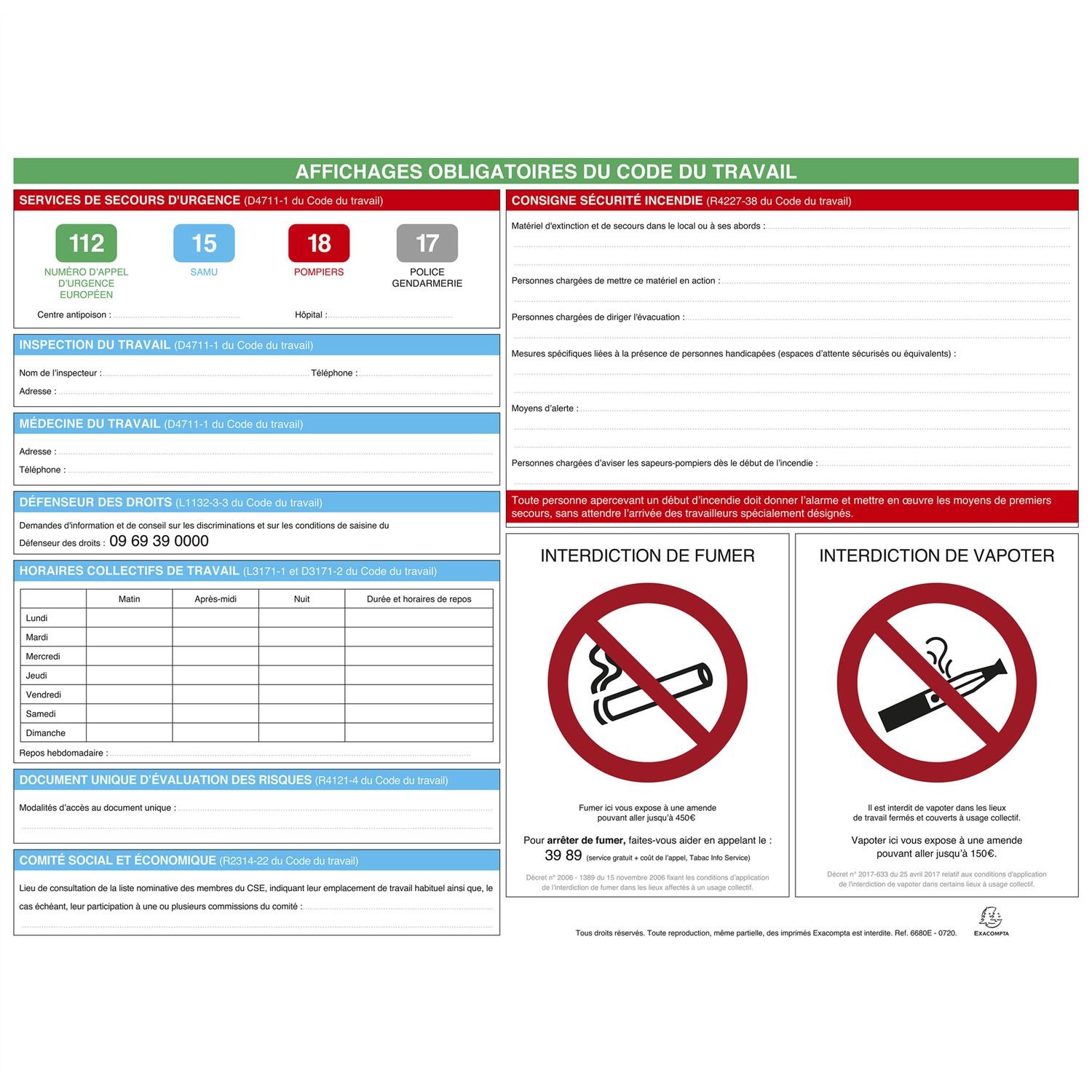 Panneau affichages obligatoires code du travail Exacompta de qualité supérieure 57x42 cm
