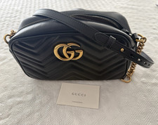 Gucci GG Marmont Black Chevron Quilted Zip Crossbody Bag, Chain Strap, Small