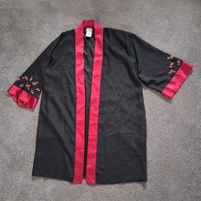 Vintage DELICATES Black Kimono Robe with Red Satin Trim Rose Embroidery Small