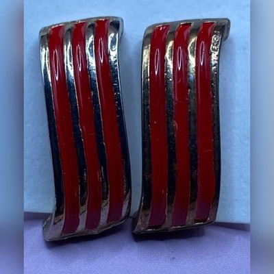 Red Enamel Gold Tone Stripe Bar Post Earrings Womens Small Rectangular Studs