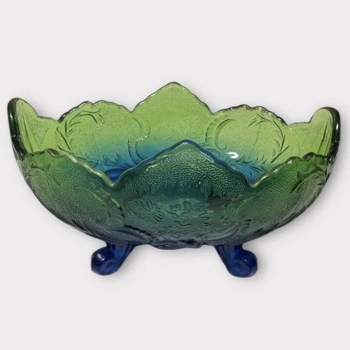 Jeanette Flashed Blue Green Ombré Lombardi Footed Pedestal Fruit Bowl Vintage