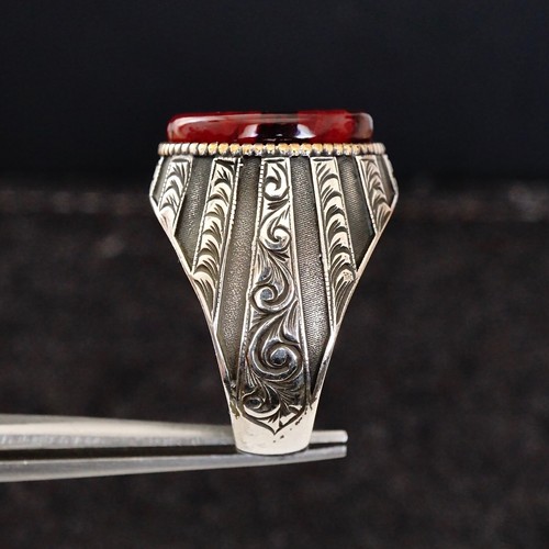 Sterling Silver Men's Ring Crescent Star red Amber Engraved Turkish Jewelry 925 - Picture 10 of 24