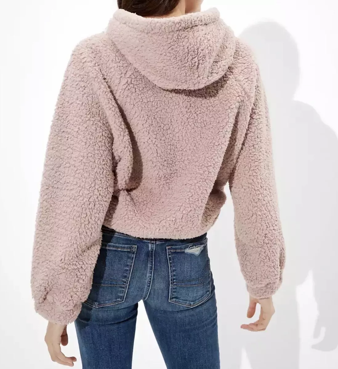 NWT WOMEN S AMERICAN EAGLE SHERPA CINCHED PULLOVER HOODIE IN PINK