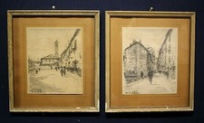 COPPIA ANTICHI QUADRI Gentile Bernardo DISEGNI MATITA PAESAGGI BORGO CITTA' 1955