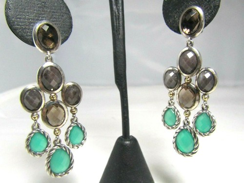 David Yurman SS & 18K Smoky Quartz, Green Onyx & Moonstones Chandlier Earrings - Picture 10 of 11