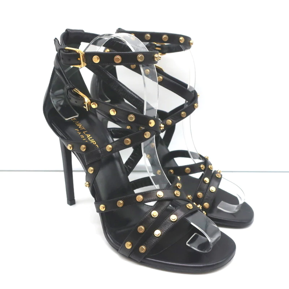 Sandali con borchie Saint Laurent Jerry in pelle nera taglia 39 tacchi con cinturini NUOVI