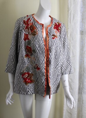 Chico's 3P 3 Petite XL Art-Wear Woven Funky Embroidered Boho 3/4 Jacket Blazer