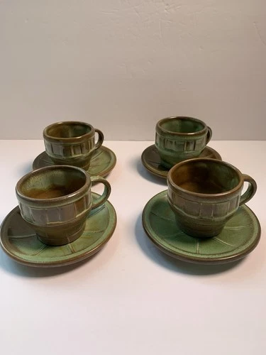 Vintage Frankoma Prairie Green Wagon Wheel Cups and Saucers 94C/94E 8pc Set