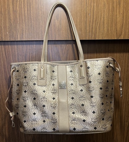 MCM Metallic Visetos Medium Liz Reversible Shopper Tote Gold Limited Ed RARE
