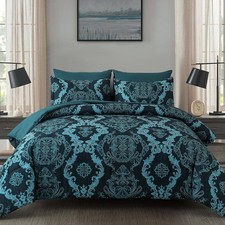 7 Piece Queen Comforter Set, Teal Texture Breathable Microfiber Comforter Beddin