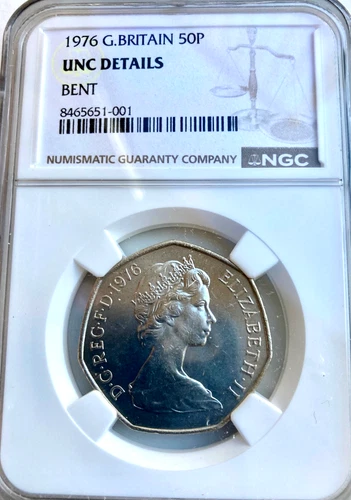 1976 50p Britain Britannia NGC Bent UNC Details Large Fifty Pence