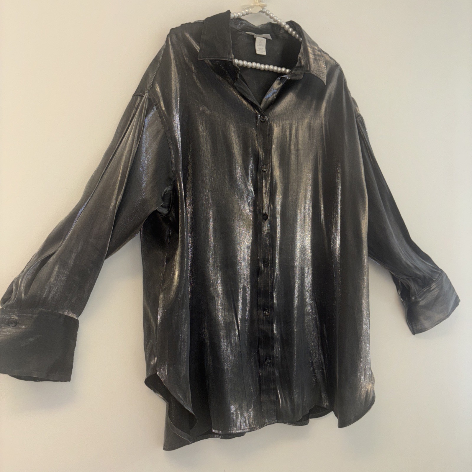 H&M Sz Lg Tunic Top Blouse Button Down Shirt Glam Metallic Rockabilly Old Money thumbnail 3