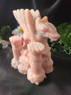 4.5'' 2lb Pretty Pink Opal Flying Dragon On Skull & Castle Crystal Stone Carving