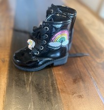 Unisex toddler Black Patent Ankle Bootie Lace-Up Side Zipper Rainbow Patch