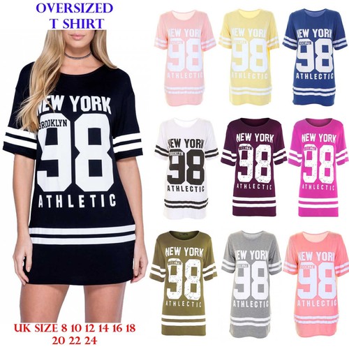 Neue Damen Übergroße sackartige T Shirt Kleid Damen New York 98 Baseball  Varsity Top | eBay