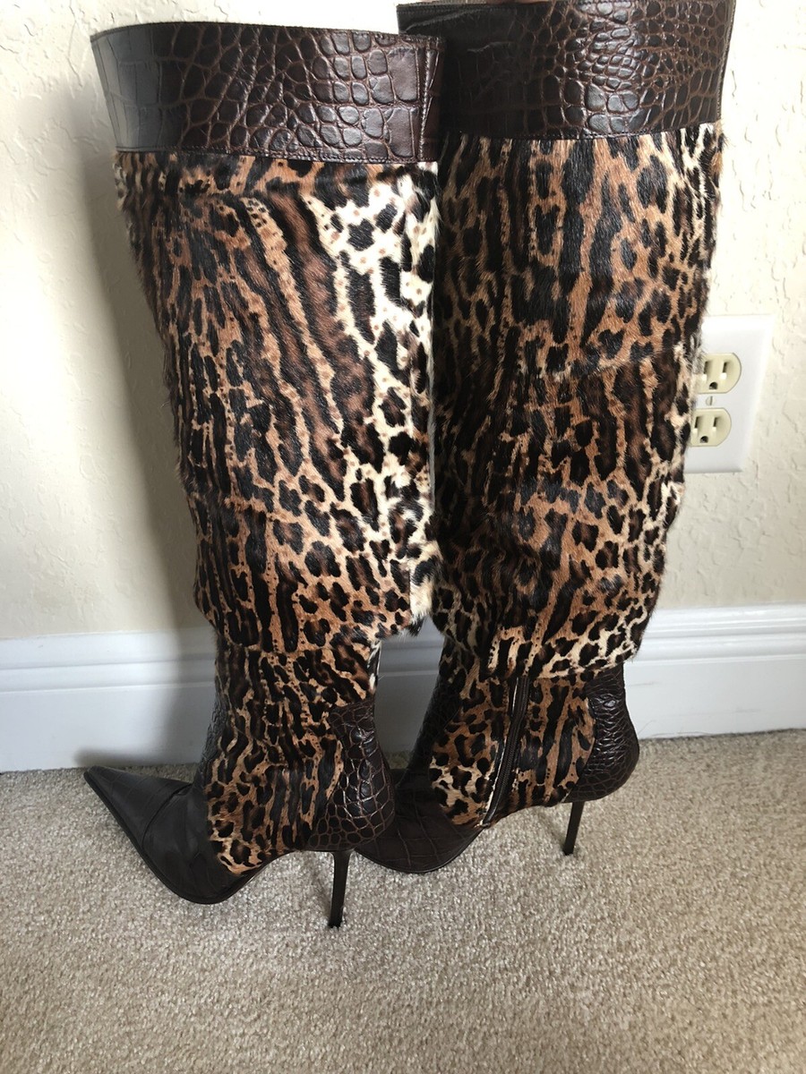 Gianmarco Lorenzi Knee High Women's Leopard Pony hair Italian Boots EU 38  US