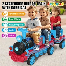 JOYLDIAS Large Electric 12V 2-Seater Kids Blue Ride On Train w/Carriage,2 Speeds