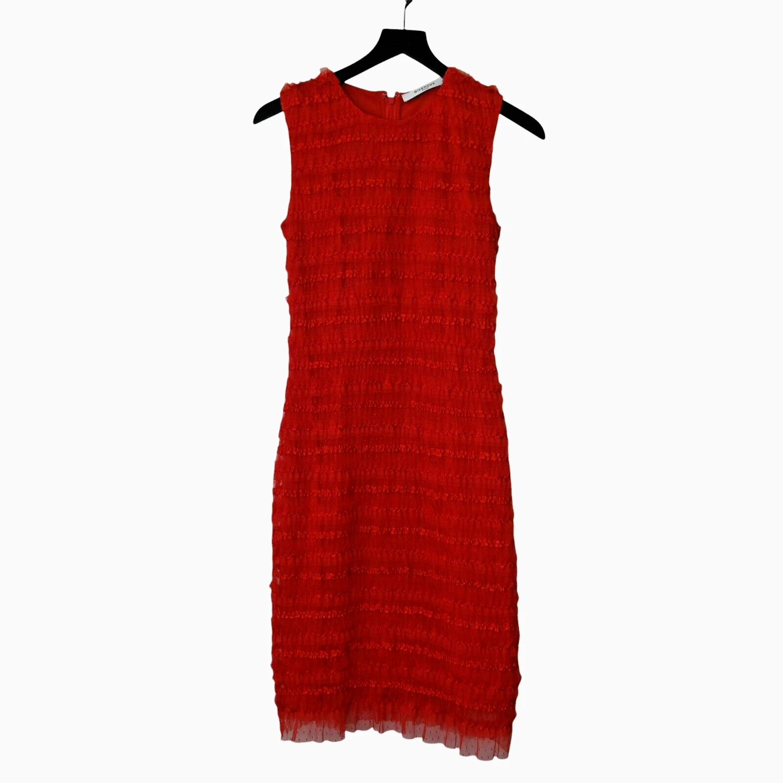 Abito tubino Givenchy taglia 38 US 6 rosso pizzo senza maniche volant lunghezza ginocchio