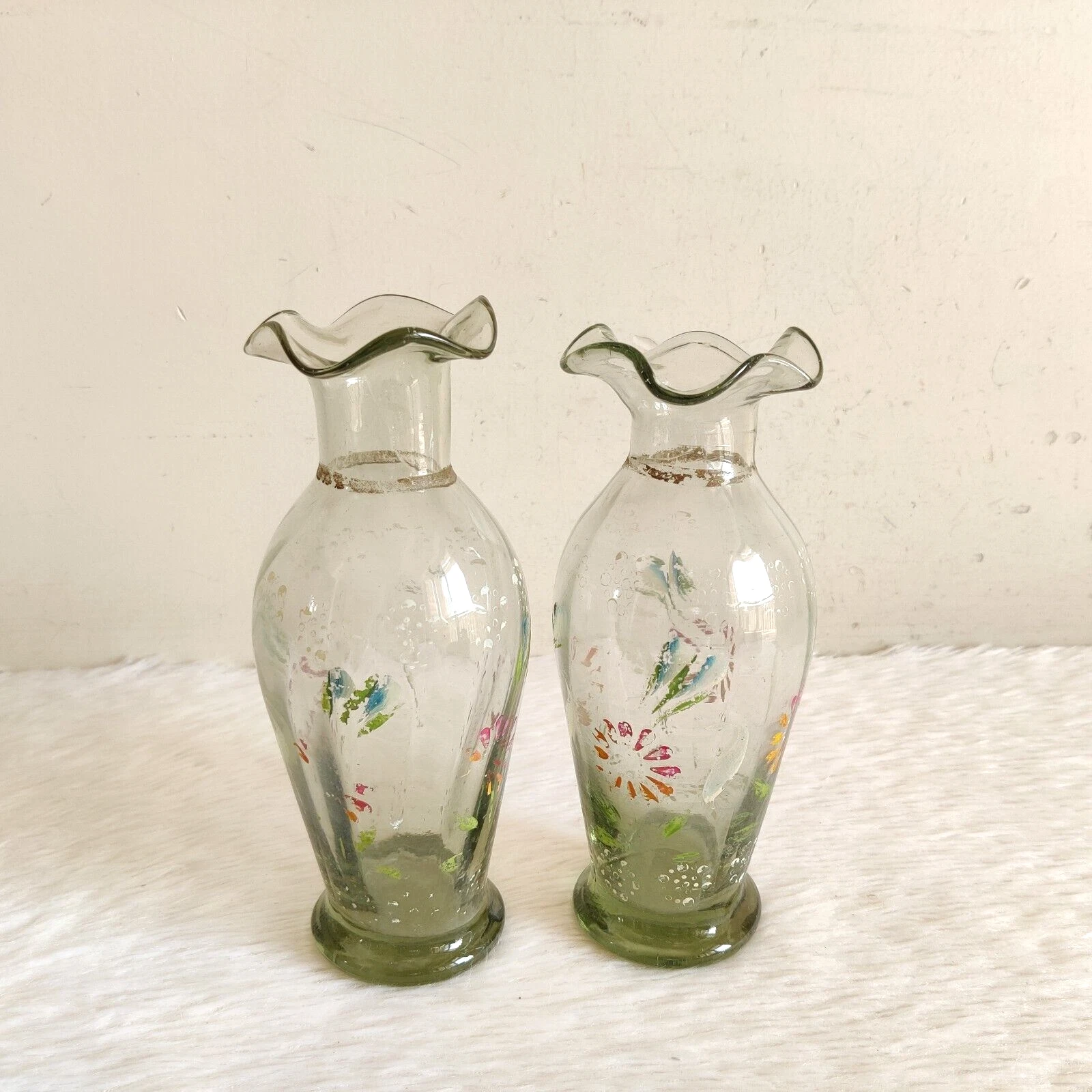 Vintage 1930s Floral Design Glass Decorative Vase Pair Rare GV197